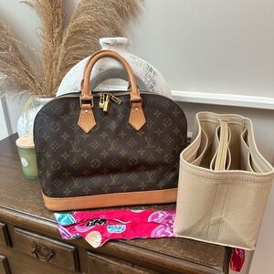 Louis Vuitton Brown Monogram Alma Satchel with Tan Trim and Gold Hardware